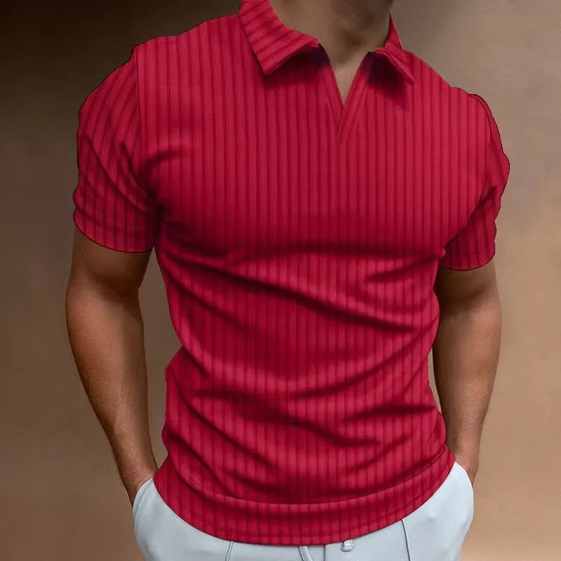 Men's striped V-neck summer sports polo shirt in cotton blend fabric showing elasticity