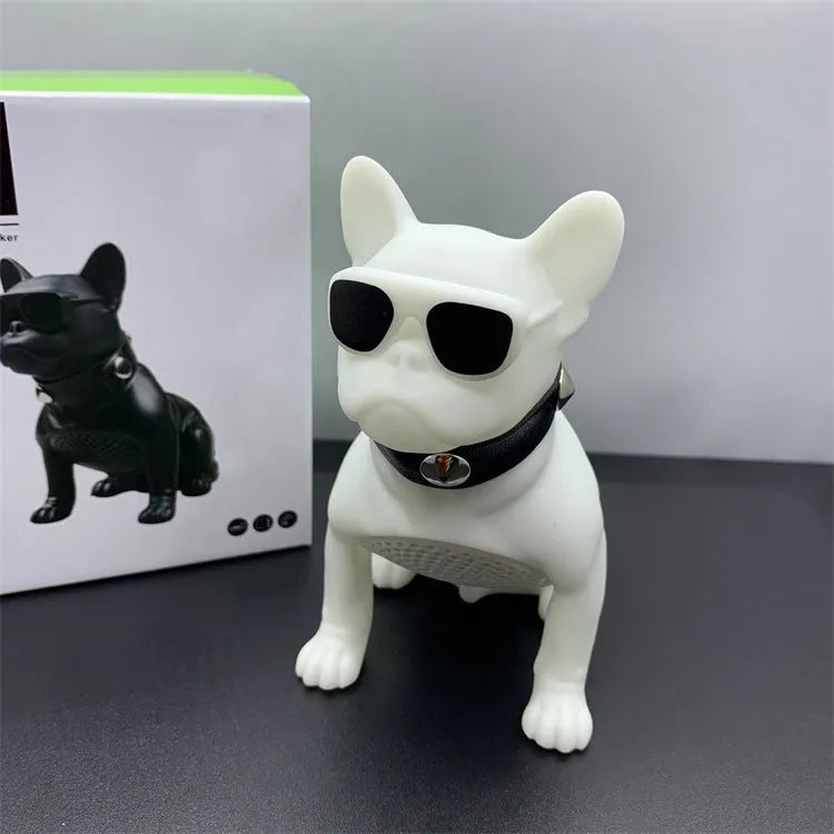 Mini bulldog-shaped Bluetooth speaker in black, red, or white colour with wireless audio functionality