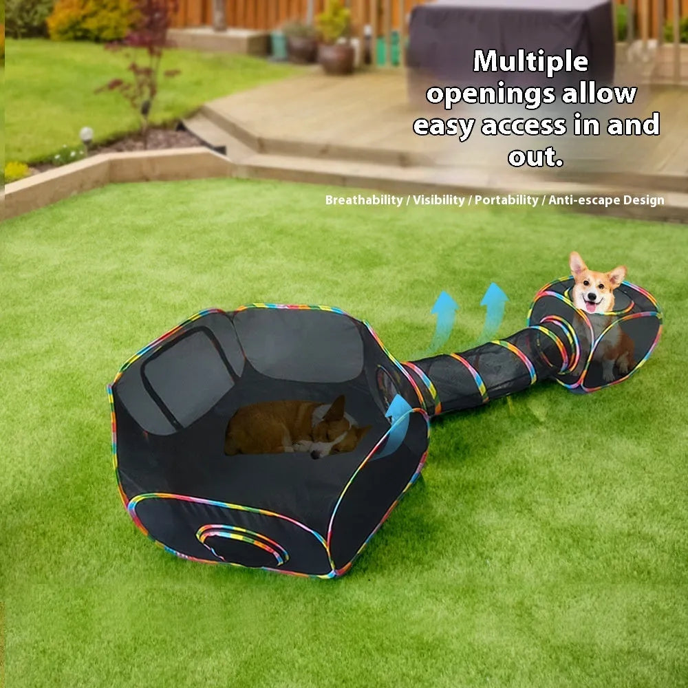 Foldable mesh cat play cage showing hexagonal, square, tee, tent and long straight panel configurations