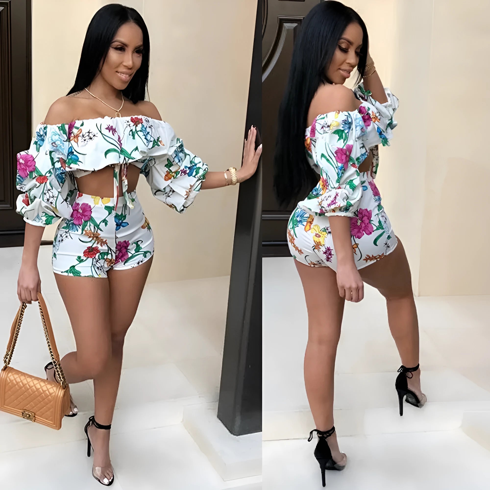 Women's two-piece pants suit with printed pile sleeves and matching shorts in multicolour digital print