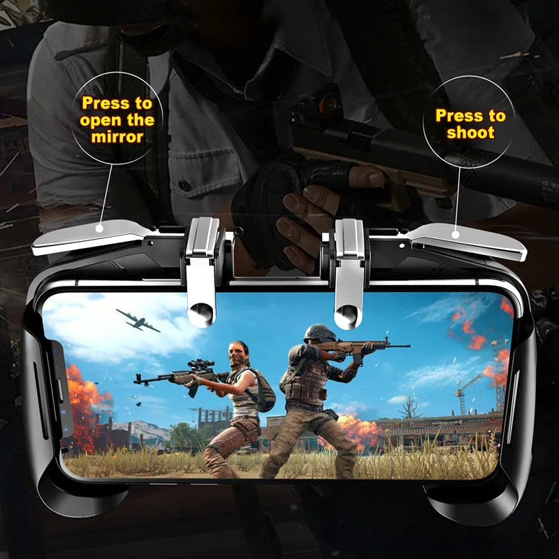 Multifunctional mobile game handle controller in black, blue, and white colours with adjustable grip