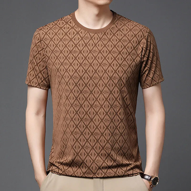 Men's loose fit round neck short sleeve t-shirt in ice silk jacquard fabric