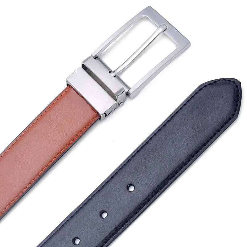 Men's brown and black genuine leather casual belt with rotating pin buckle showing length sizing options