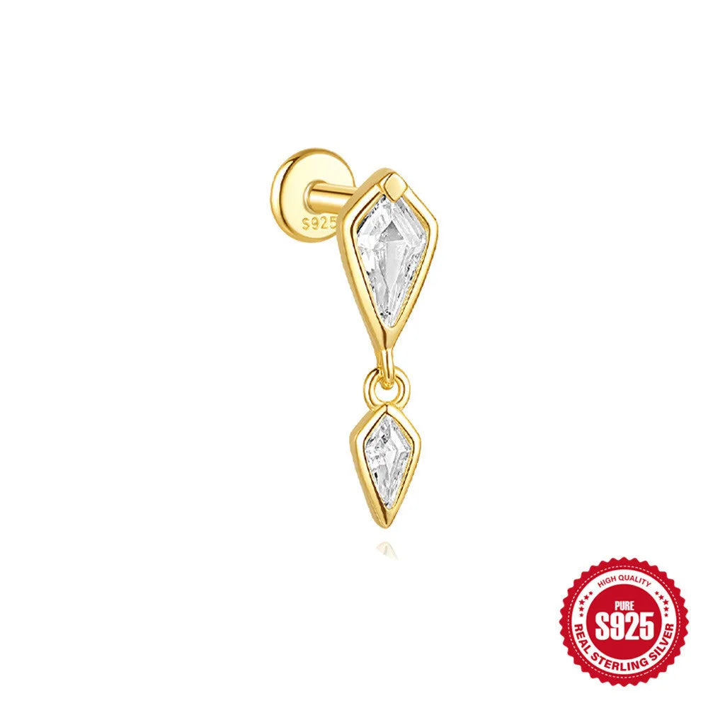 S925 sterling silver geometric kite earring with rhinestone chain tassel in gold colour.