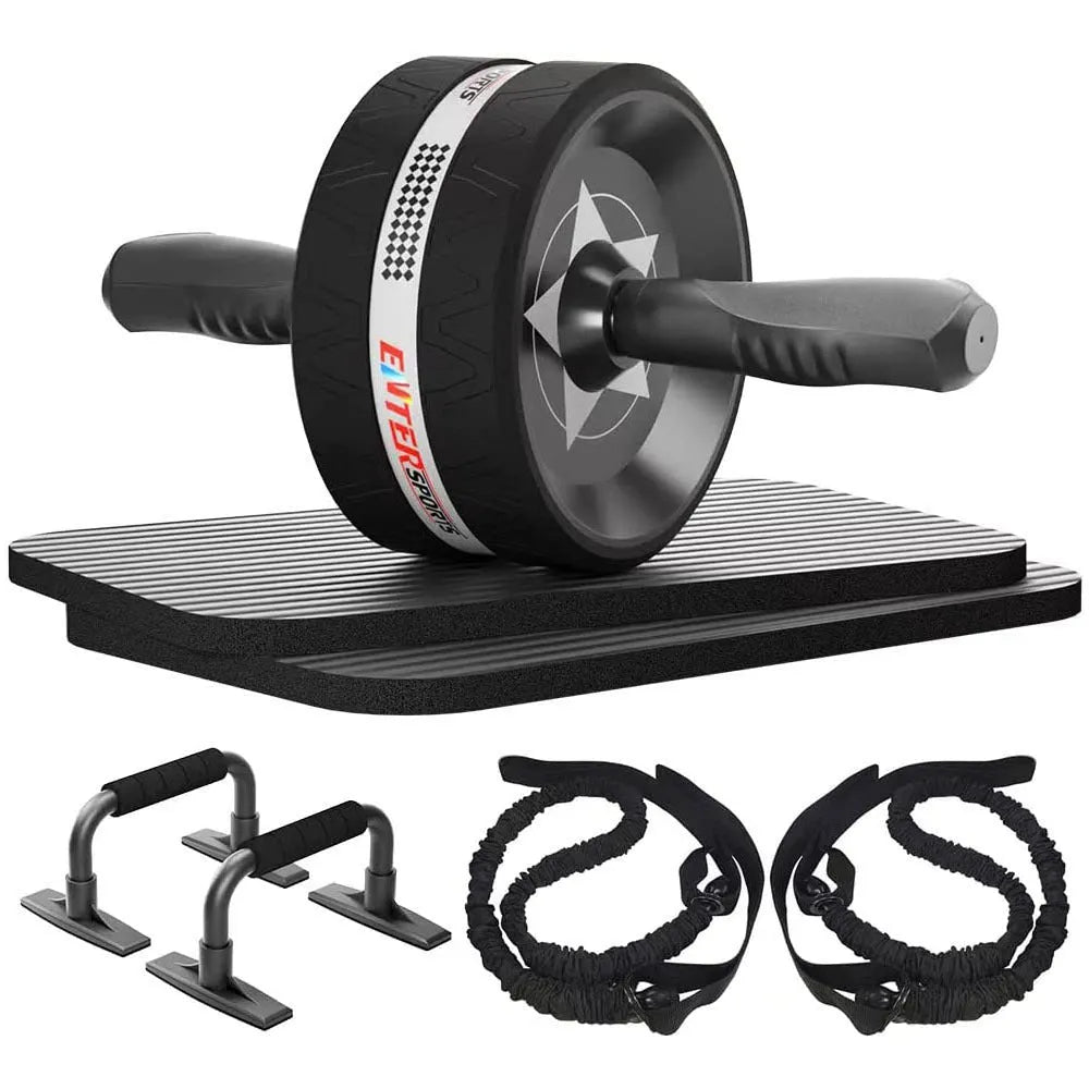 Red push-up bracket with abdominal wheel for indoor fitness training and core exercises.