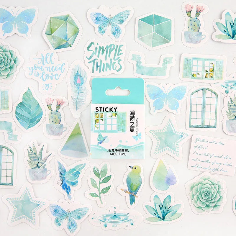 Pack of 46 small colourful cartoon decorative stickers for journals, shown with themed sets.