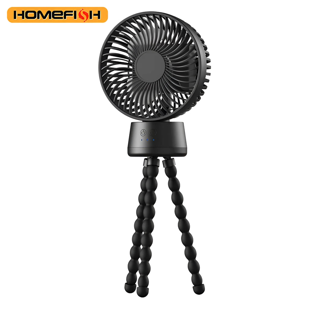HOMEFISH F2 automatic shake head handheld fan with LED light on removable bracket.