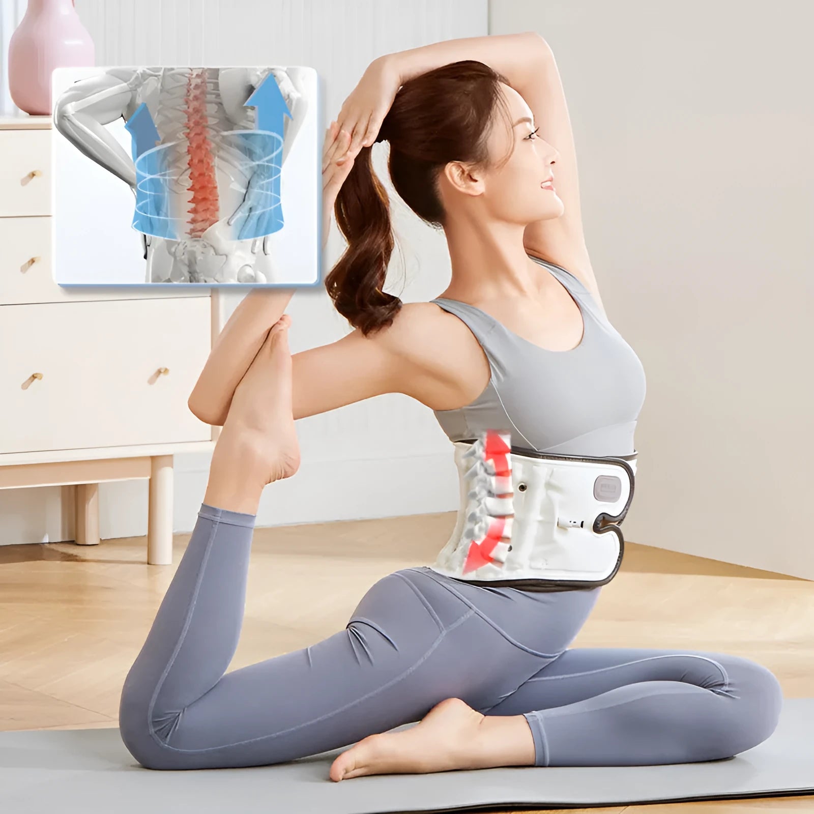 Lumbar waist supporter with automatic inflation system in grey showing S and M size options