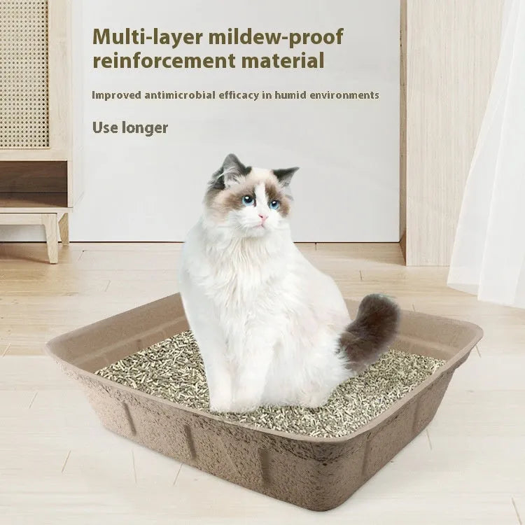 Brown disposable waterproof cat litter box with biodegradable materials shown in three size variations
