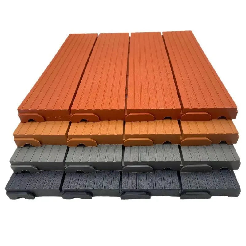Ten square plastic floor tiles with a wood grain pattern, showing a non-slip surface.
