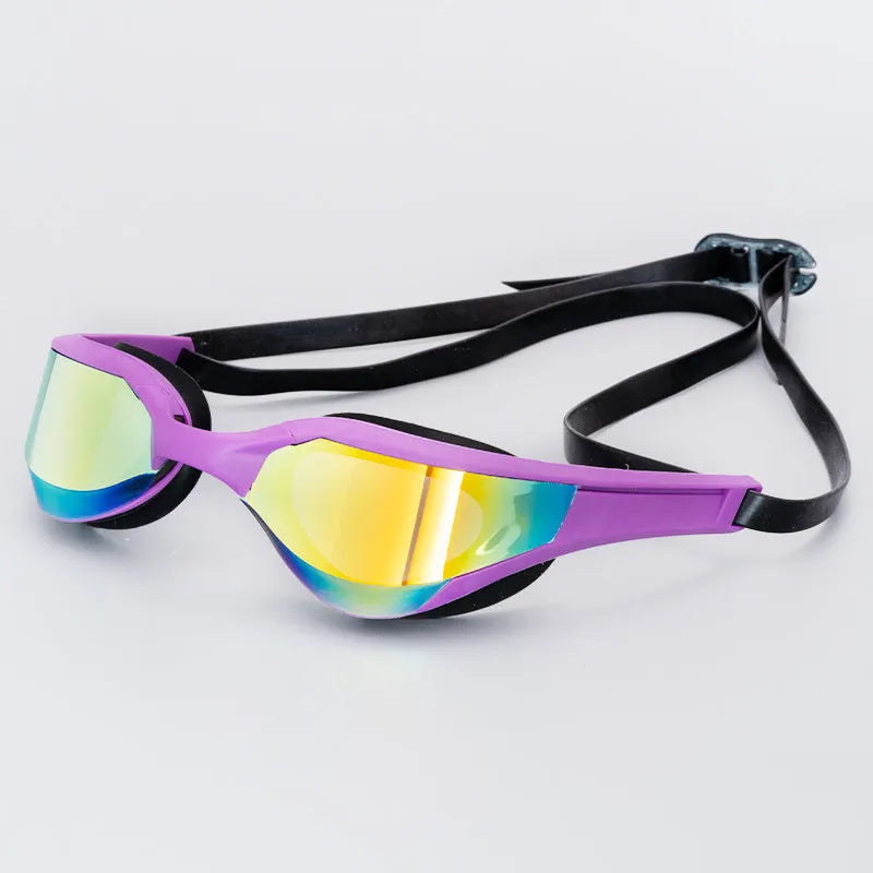 Anti-fog swimming goggles with polycarbonate lenses shown with large and small nose bridges in a plastic mirror box.