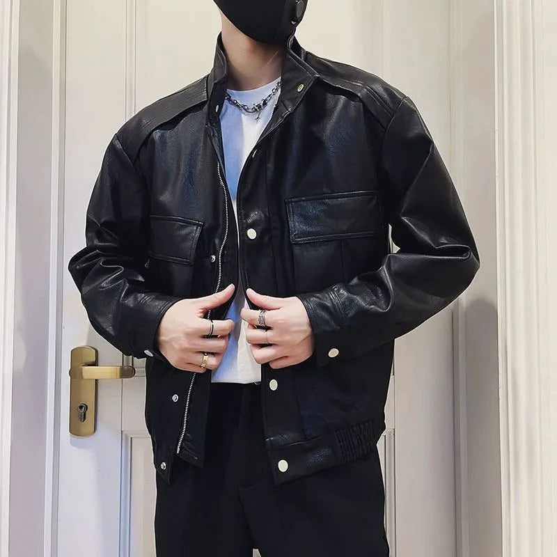 Men's black Korean-style PU leather jacket with straight hem and side seam pockets