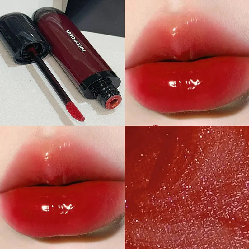 Black shiny Mirror Lip Lacquer with six colour shades displayed
