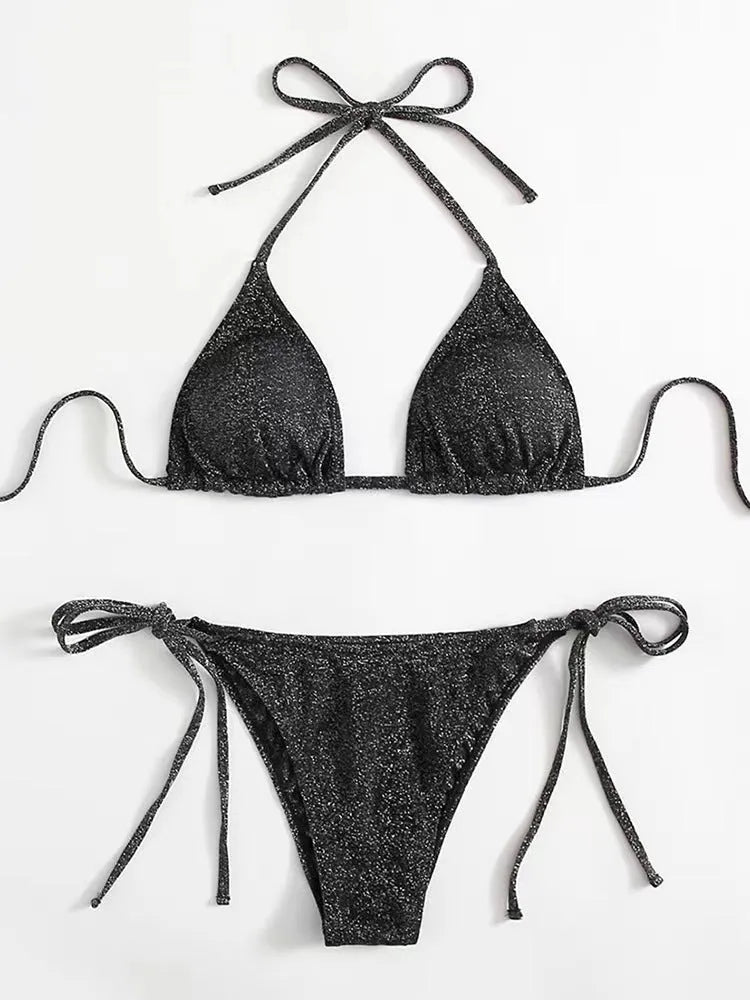 Female model wearing a khaki gold split bandage bikini, showing the briefs style and polyester construction.