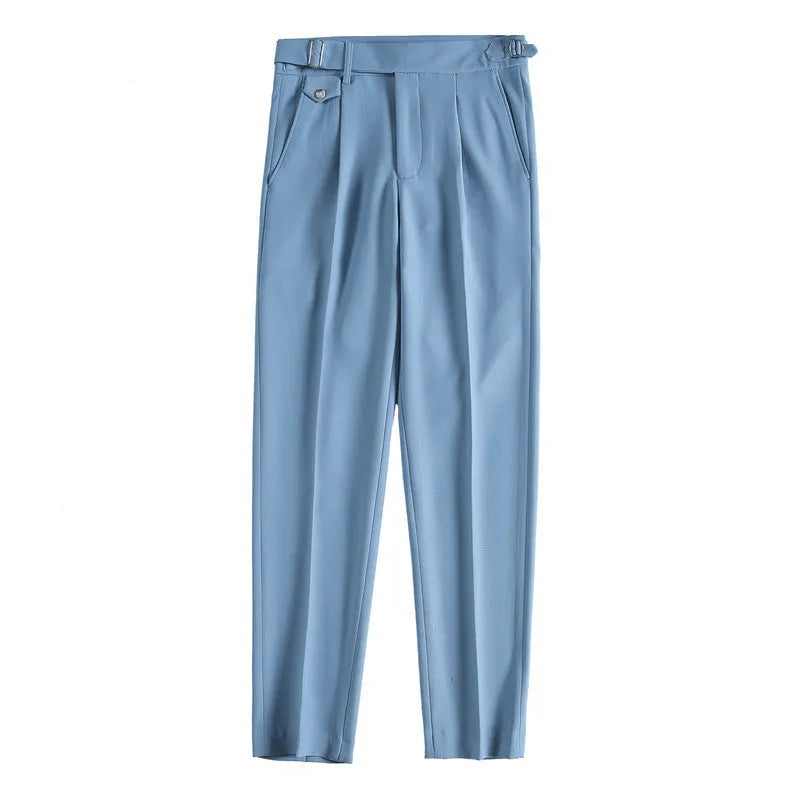 Straight-leg casual trousers in solid colours including black, grey, and khaki on a neutral background.