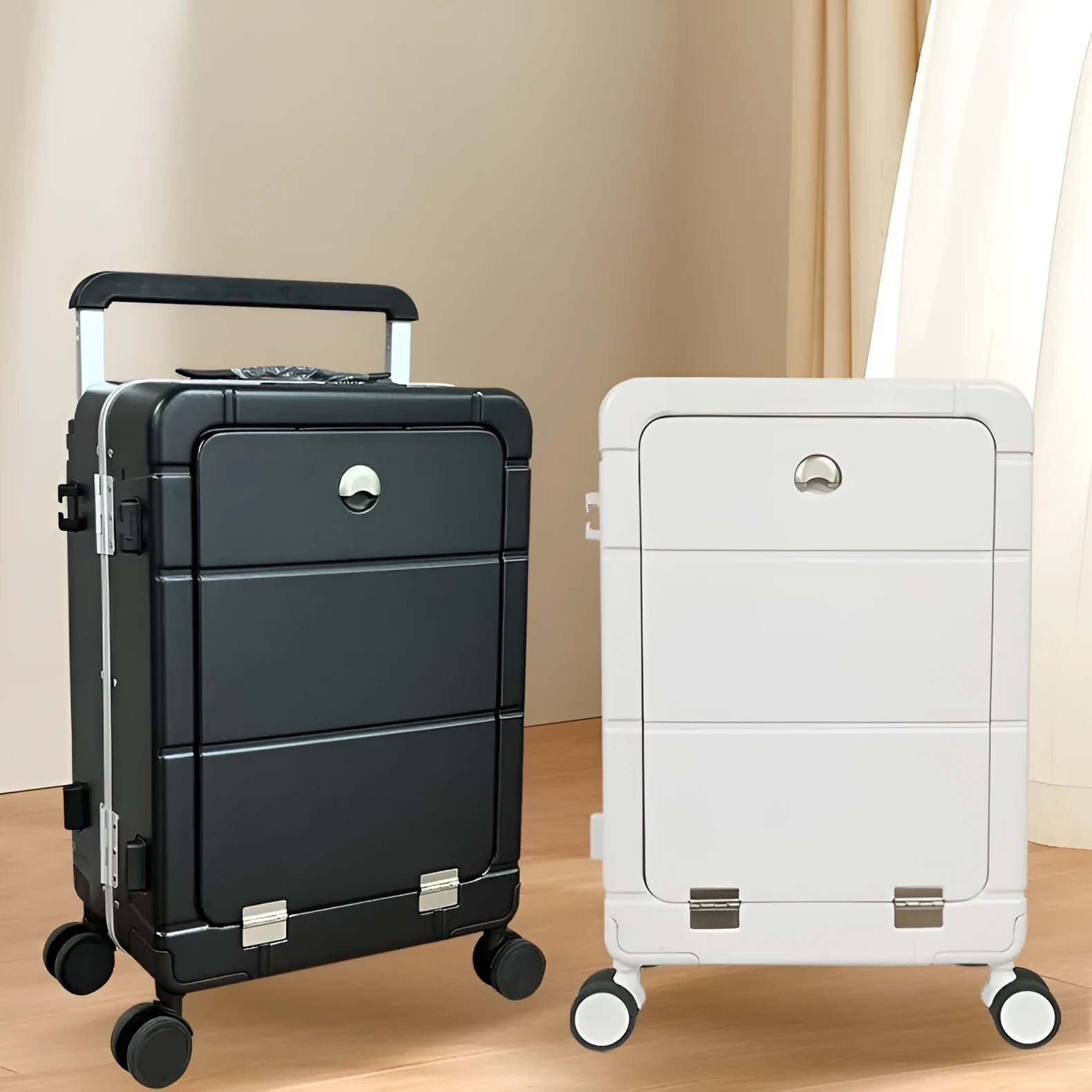 20 inch front opening suitcase with dry wet separation, ABS PC hardshell, cup holder and universal wheels in black