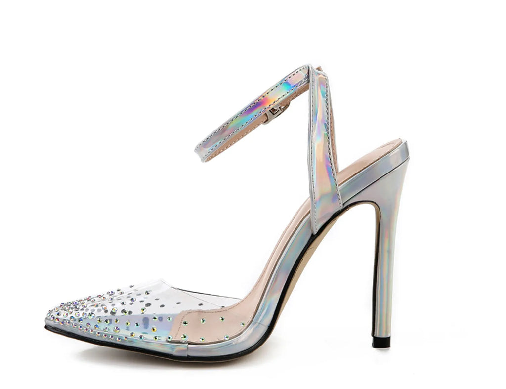 Women's pointed toe diamond sandals with a clear stiletto heel on a white background.
