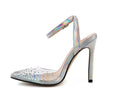 Women's pointed toe diamond sandals with a clear stiletto heel on a white background.