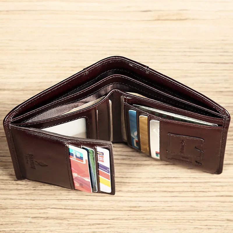 Men's leather wallet showing internal card slots, coin compartment, and document section