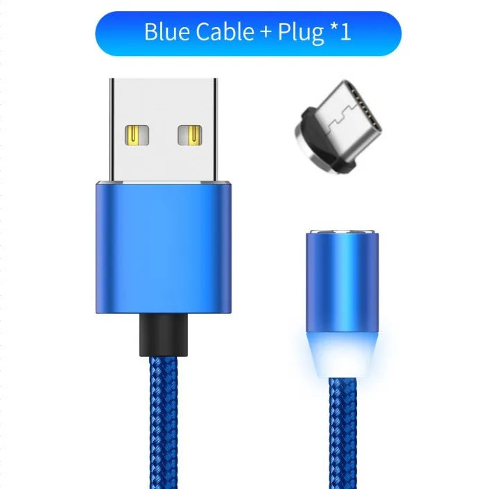 Black magnetic charging cable with LED light and aluminium connectors showing magnetic tip attachment