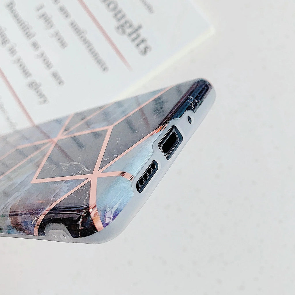 Electroplated marble pattern mobile phone case for Huawei and Samsung smartphones in various colours.