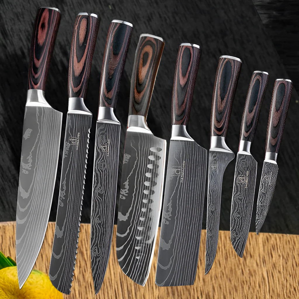 30cm chef knife with Damascus pattern blade and colour steel handle