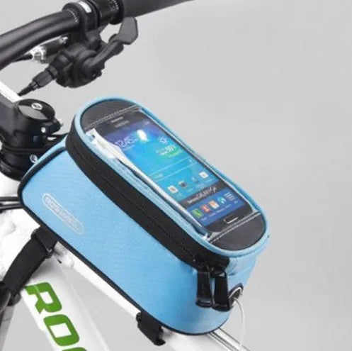 Bicycle frame bag with universal smartphone holder in multiple colours mounted on bicycle handlebars
