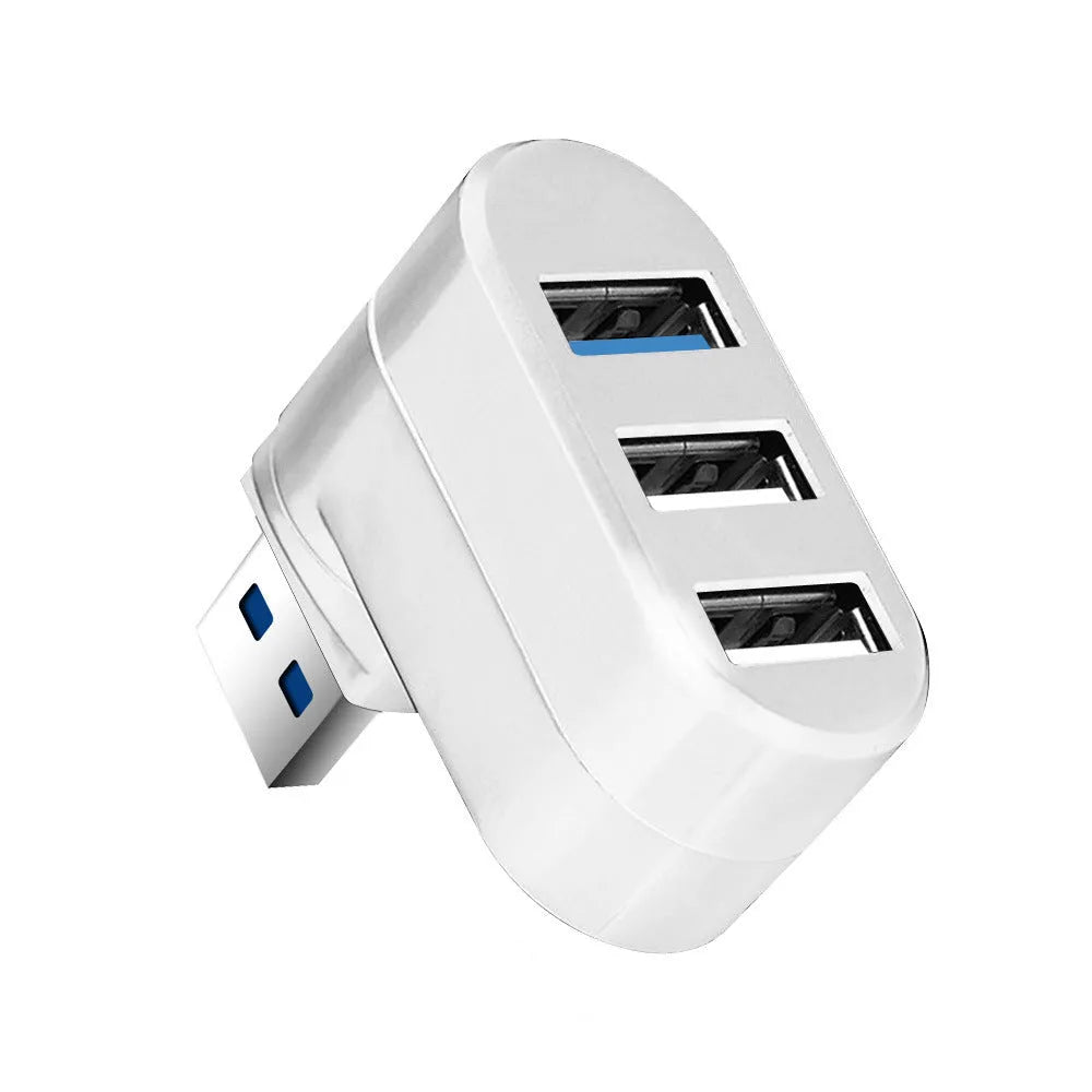 Black and white USB rotary splitter hub with four ports on a rotating ABS plastic base.