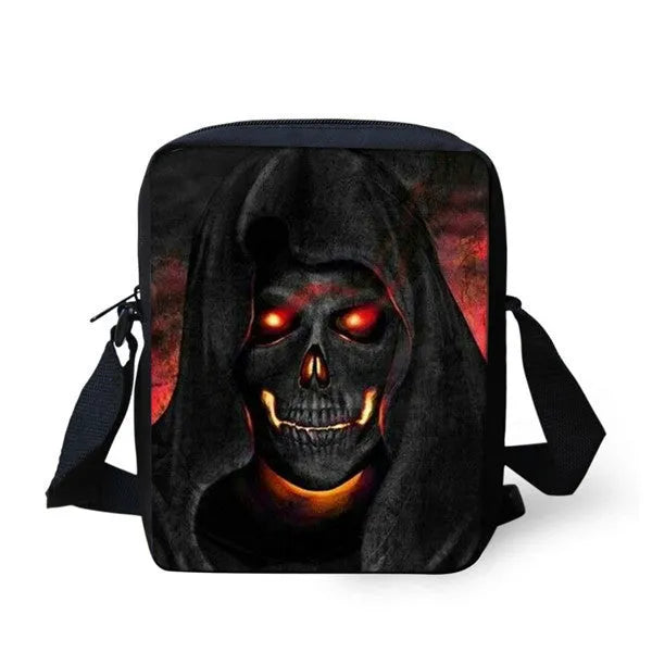 Medium polyester children's messenger bag with skull pattern, double straps, and zipper pocket in casual style