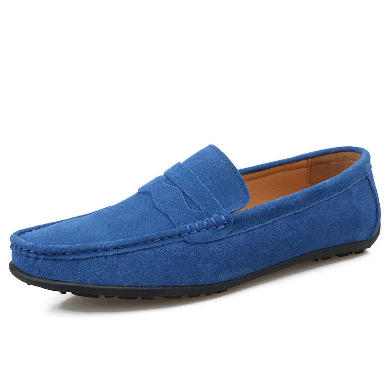 Men's suede slip-on loafers in solid colours with round toe and rubber sole
