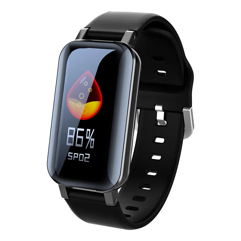 Smart call bracelet on wrist showing heart rate display, in black, blue, or coffee colour options.