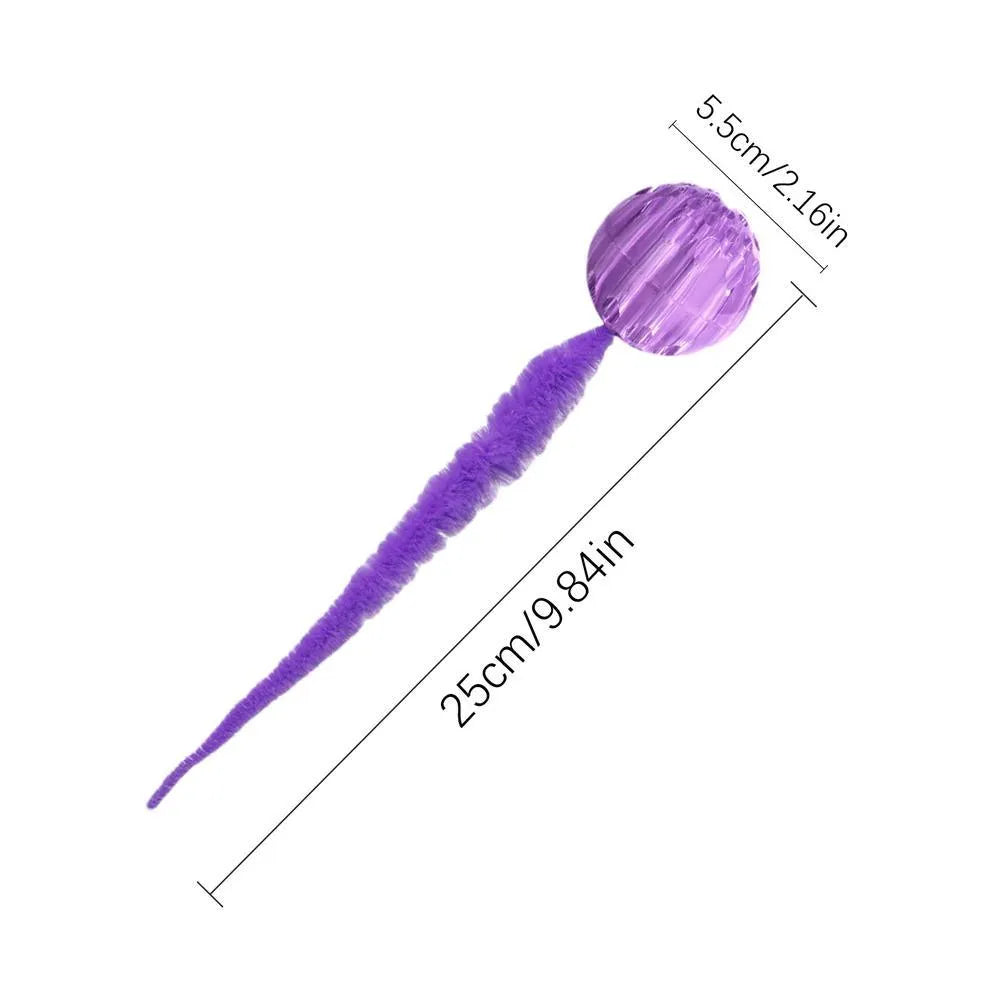 Interactive cat ball toy with worm-like plush tail in green, pink or purple colours