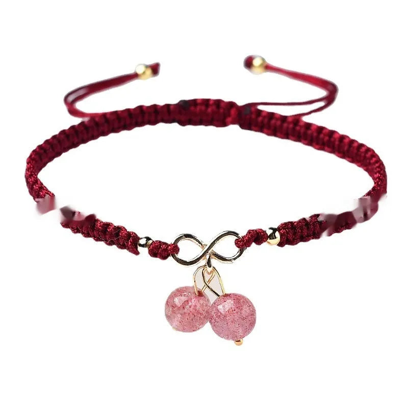 Natural strawberry quartz bracelet for women with cherry fruit charm and crystal beads