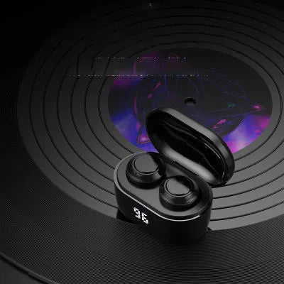 Black in-ear stereo Bluetooth headset with earpieces for both ears.