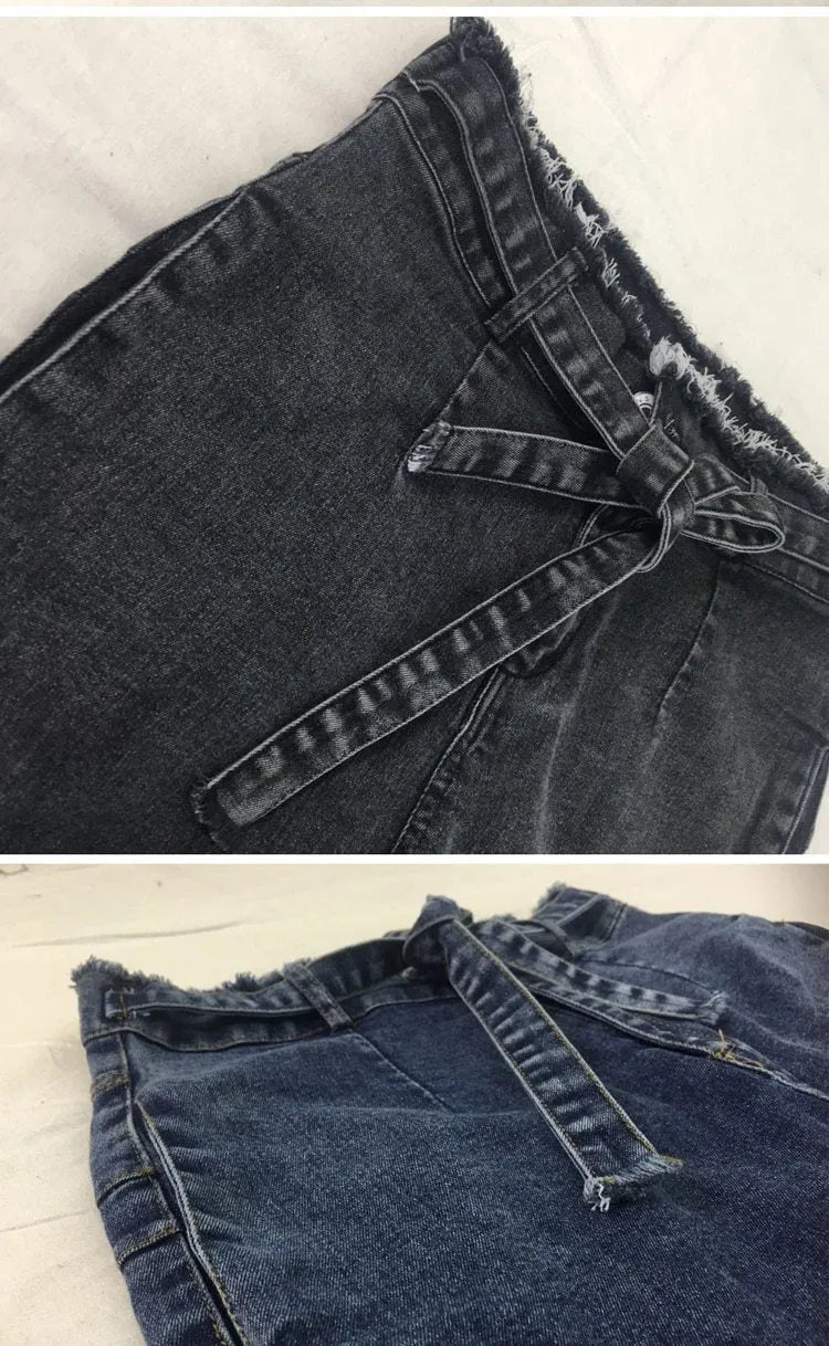 Women's fringed jeans in cowboy fabric, shown in grey, dark blue, and light blue colour options.