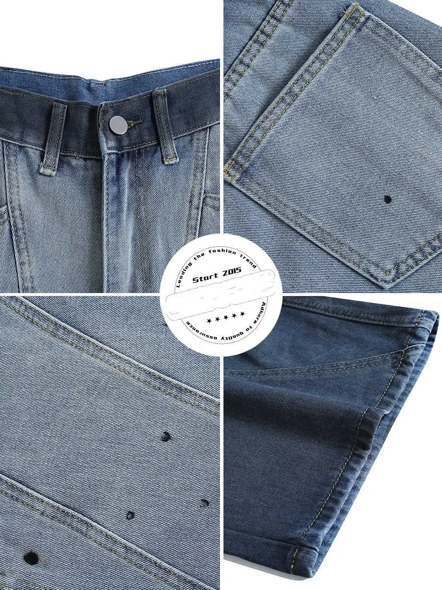 Blue tie-dye gradient cropped jeans with loose fit and washed-out colour