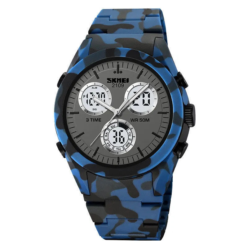 Casual electronic watch with digital display on a TPU strap, shown in camouflage colour option