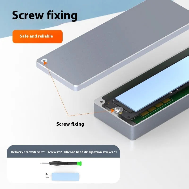 Aluminium alloy M.2 SATA SSD enclosure cartridge for laptops with screwdriver, screws, thermal pad, and USB-C cable.