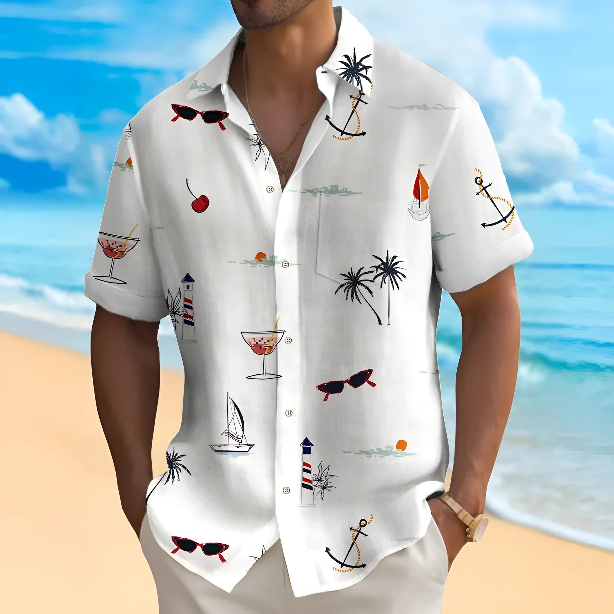 Men's loose fit Hawaiian shirt with digital print pattern and short sleeves