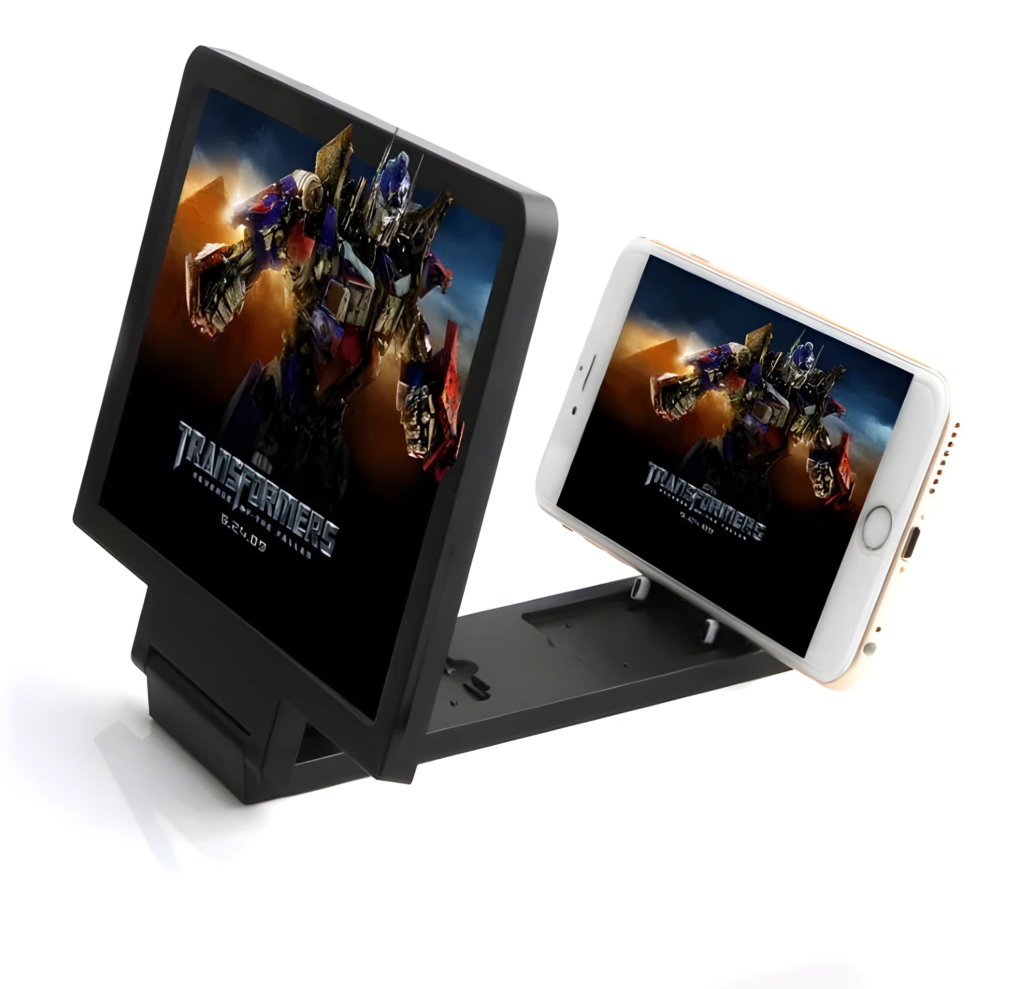 Black and white 3D mobile phone screen amplifier stand on a table, holding a phone.
