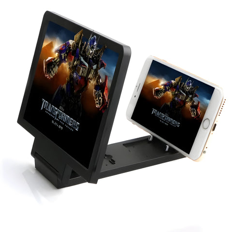 Black and white 3D mobile phone screen amplifier stand on a table, holding a phone.