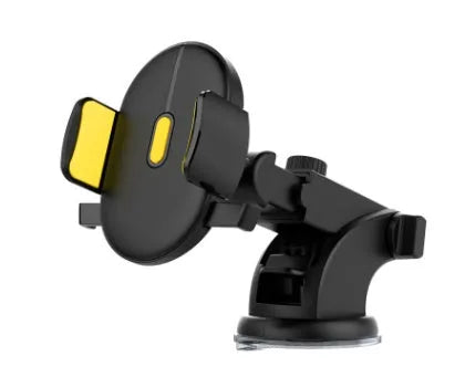 Yellow and black telescopic car phone holder with extendable arm and suction cup mount on dashboard