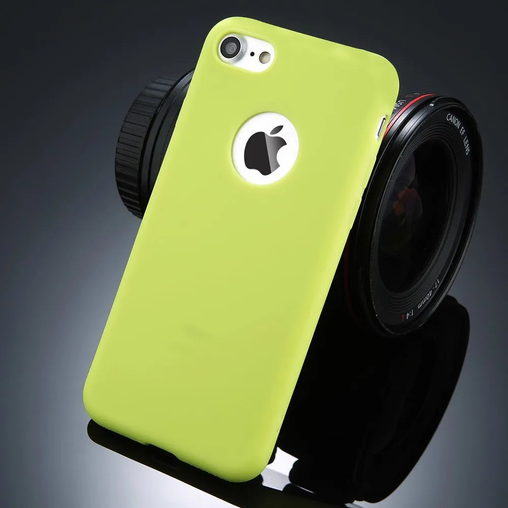 Soft silicone iPhone case in candy colours showing front and back views on iPhone model
