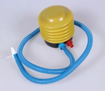 Blue and red plastic manual pedal pump for inflating swim rings, shown with two valve adapters.