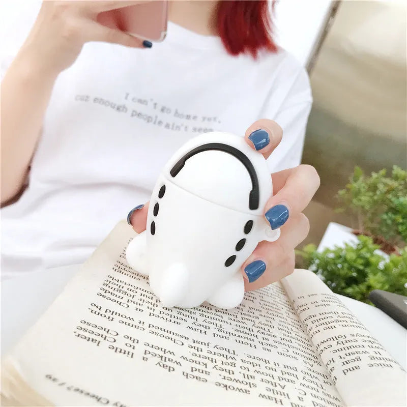 Cartoon aircraft headset design silicone flip case for Apple AirPods 1 and 2 with a metal carrying hook.