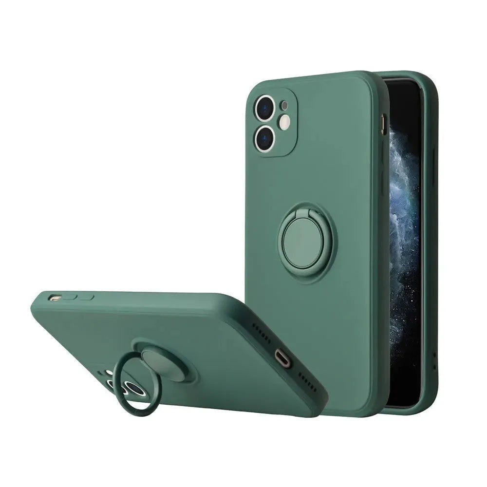 Liquid silicone phone case with a flip-out bracket for Apple iPhone 12, shown in a choice of colours.