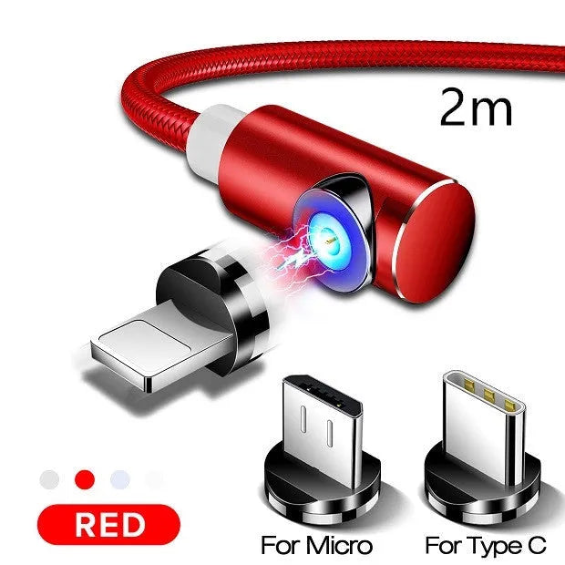 Black magnetic charging cable with aluminium alloy connectors and Micro USB, Type C, and Apple compatible magnetic tips.