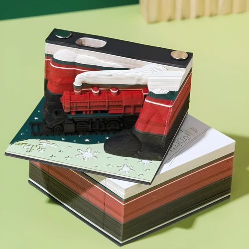 3D sticky notes with layered paper carving Qingshui Temple design in Christmas train cover colour
