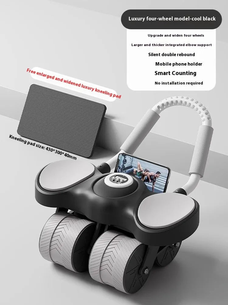 Blue abdominal exercise wheel with four wheels and integrated elbow support pads