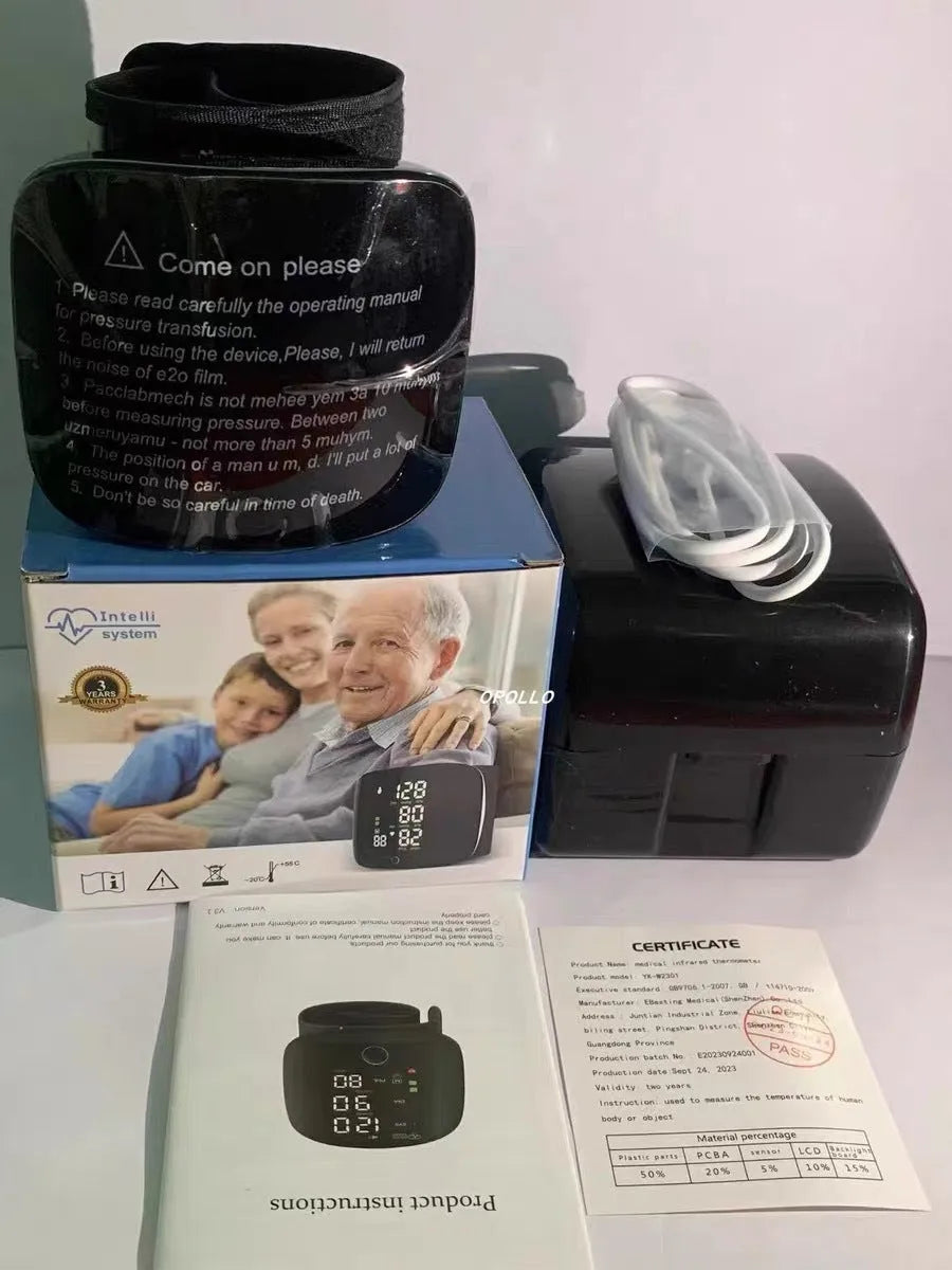 Black wrist blood pressure monitor with digital display, shown with USB charging cable.